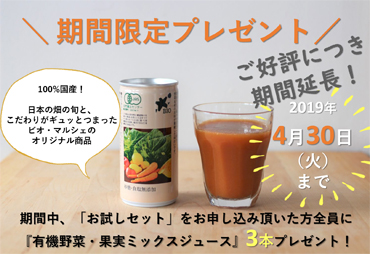 期間限定プレゼント 有機野菜・果物ミックスジュース 3本
